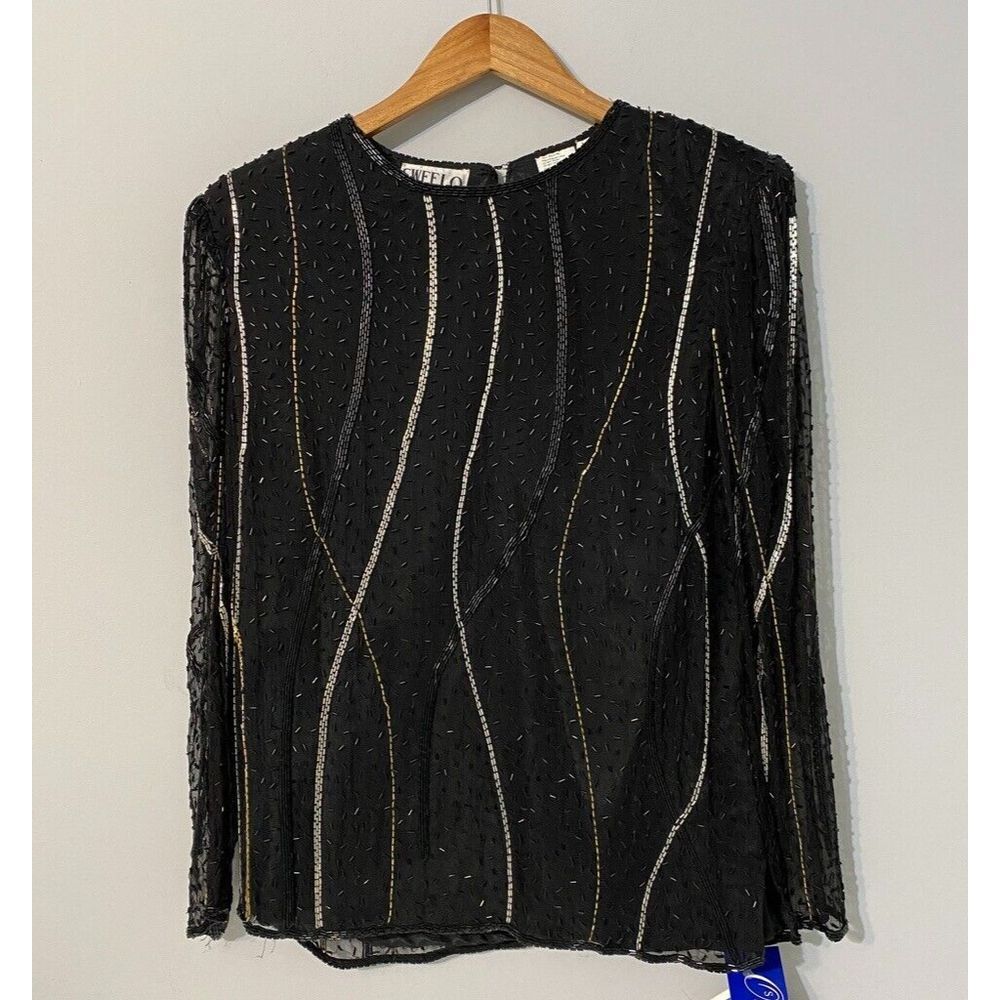 Vintage Swee Lo 100% Silk Black Sequin Beaded Long Sleeve Top Large
